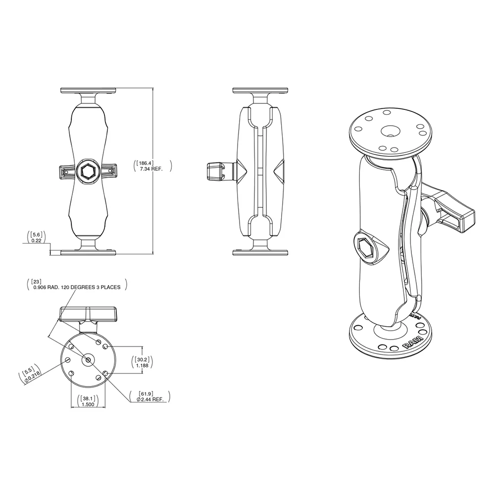 RAM Mount 1.5" Ball Double Socket Arm w/2 2.5" Round Bases - AMPs Pattern [RAM-101U] - Image 3