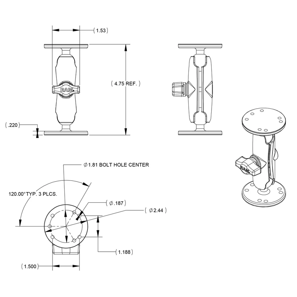 RAM Mount 1" Ball Double Socket Arm w/2 2.5" Round Bases - AMPS Hole Pattern [RAM-B-101U] - Image 2