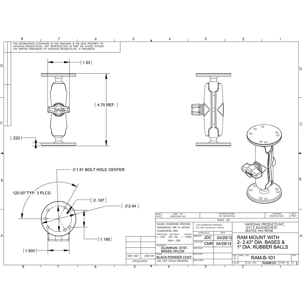 RAM Mount 1" Ball Light Use Surface Mount f/Garmin echo 100, 150, 300c [RAM-B-101-G4] - Image 3