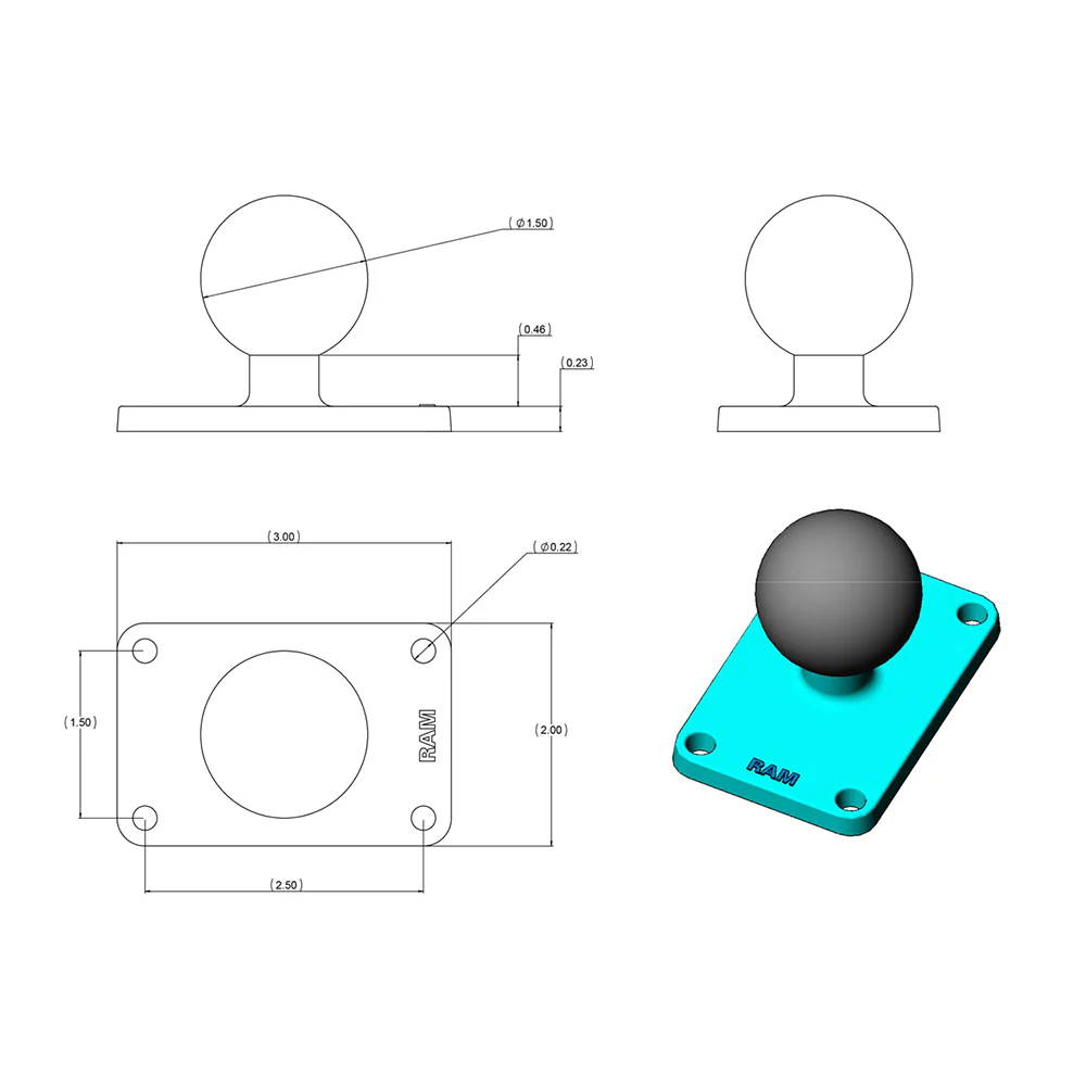 RAM Mount 2" x 3" Rectangle Base w/1.5" Ball [RAM-202U-23] - Image 2