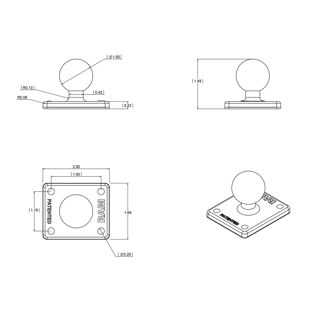 RAM Mount Square 2" x 1.7" Base w/1" Ball [RAM-B-347U] - Image 3